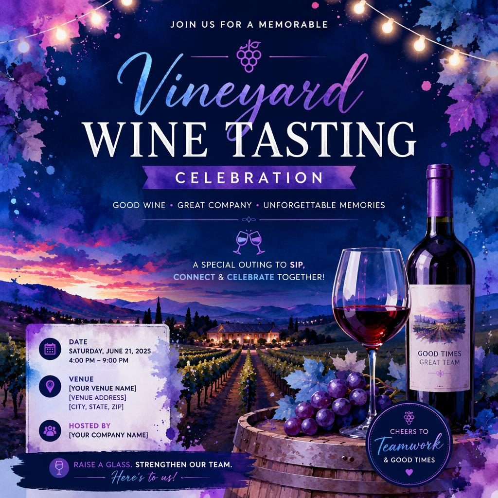 Watercolor event poster for a wine tasting vineyard party with neon cool tones, vineyard imagery, and sharp placeholder text.
