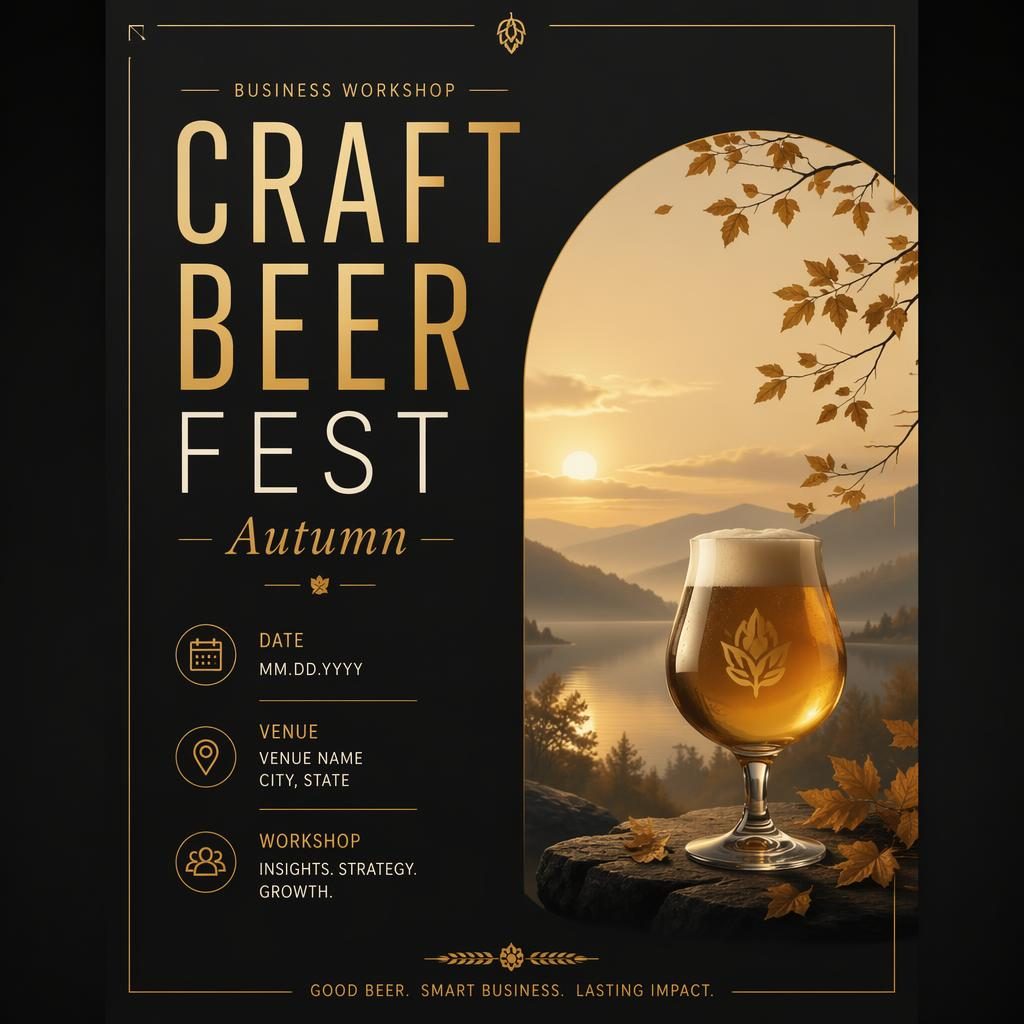 Minimalist Swiss-style event poster for a craft beer fest autumn workshop in black and gold with clean placeholder text.