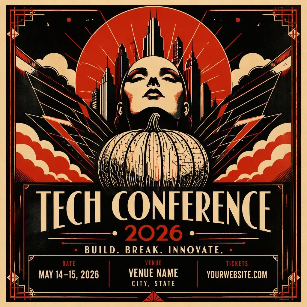 Art deco luxury event poster with vintage cream and red palette, bold rebellious mood, and sharp English placeholder text.