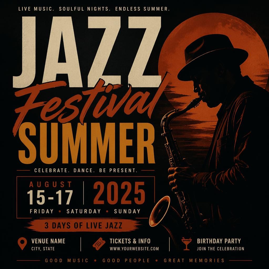 Dark jazz festival event poster with bold typography, autumn rust tones, and clean date and venue placeholder text.
