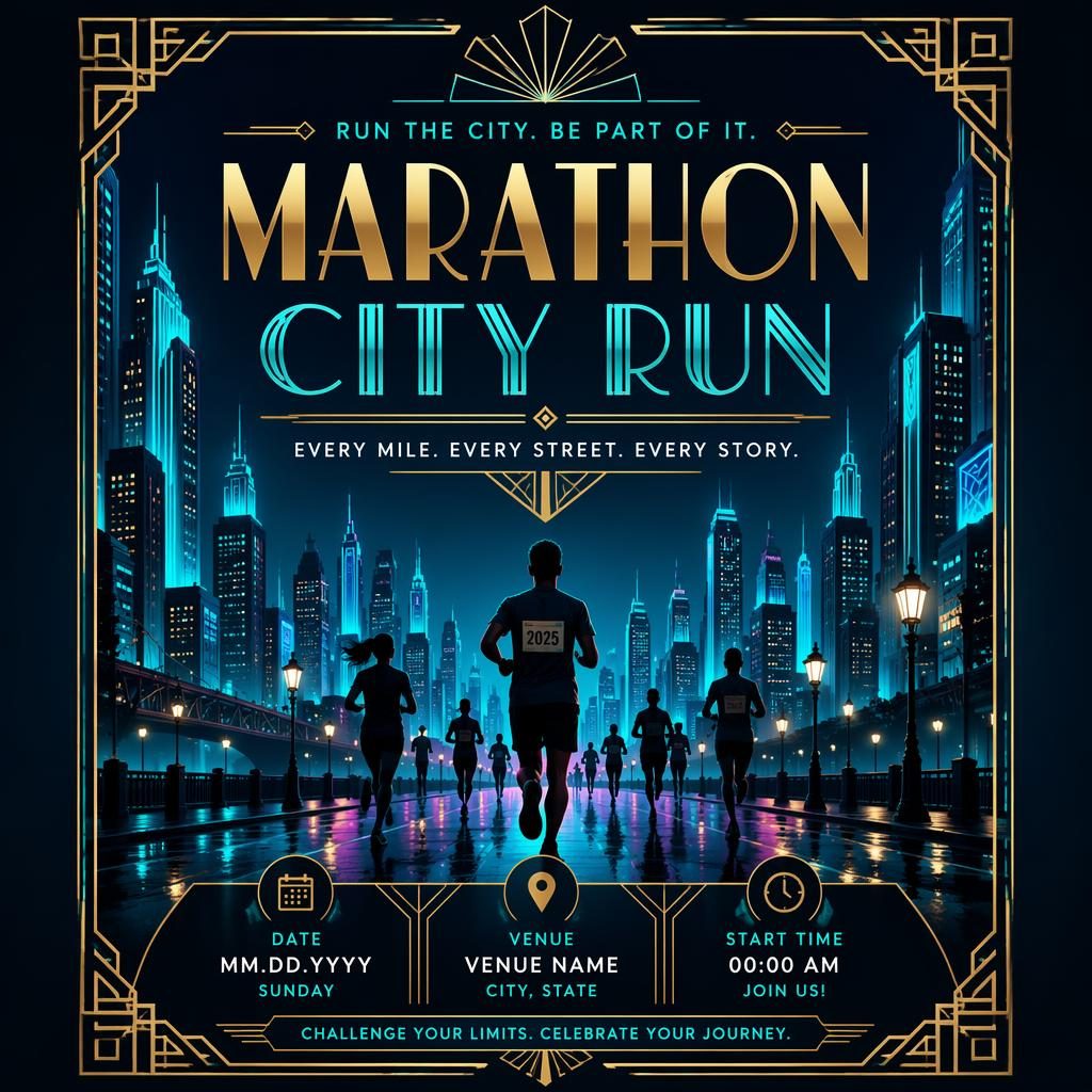 Art deco luxury event poster for Marathon City Run with neon cool tones, formal layout, and sharp date and venue placeholders.