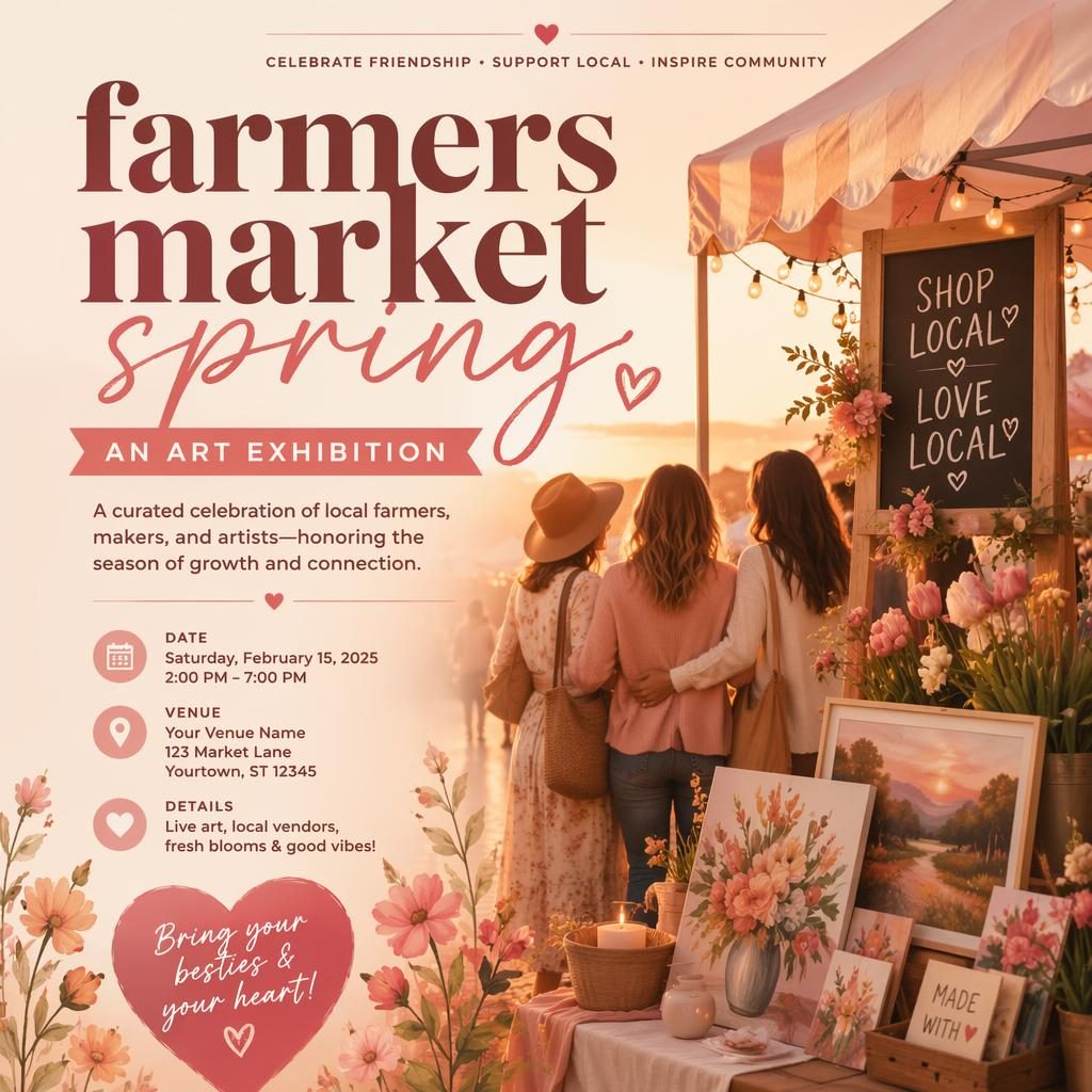 Modern editorial event poster for Farmers Market Spring art exhibition with warm sunset colors and clean English placeholder text.
