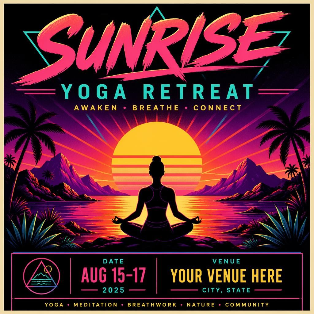 Retro 1980s neon event poster for a sunrise yoga retreat with bold high-contrast colors and clean event text placeholders.
