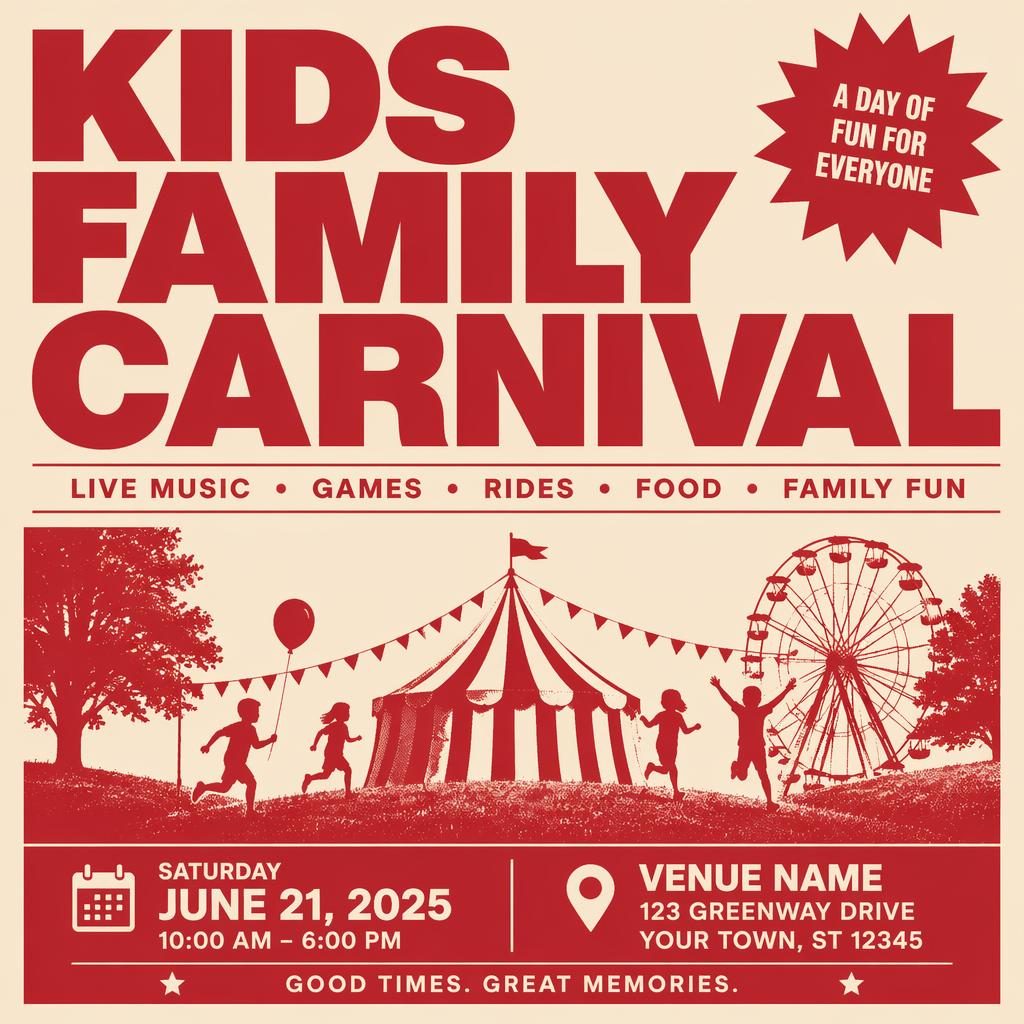 Minimalist Swiss-style event poster for a kids family carnival in vintage cream and red, with bold typography and clean placeholders.