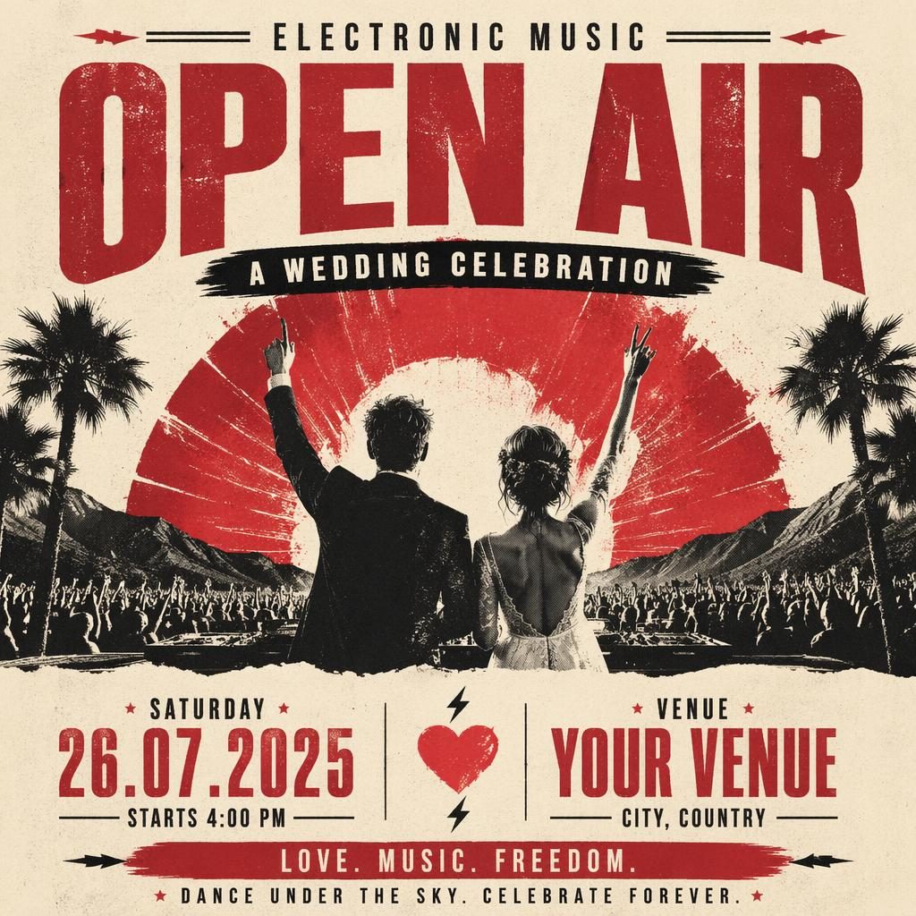 Grunge-style event poster for an electronic music wedding open air in cream and red with bold readable placeholder text.