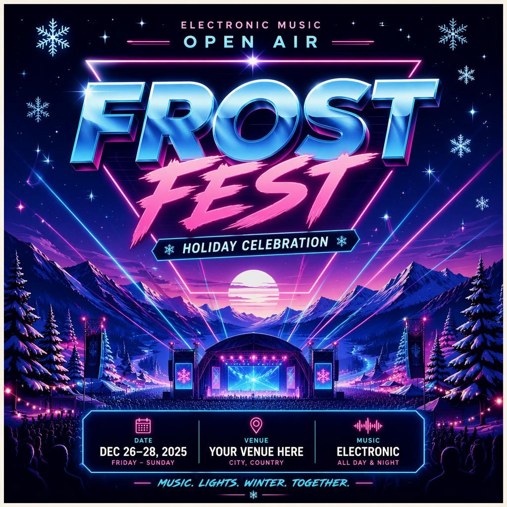 Retro 1980s neon event poster for an electronic music open air holiday celebration with icy winter palette and readable text