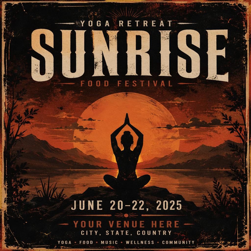 Affiche d’événement grunge sombre aux tons rouille d’automne, lever du soleil yoga, texte anglais net pour nom, date et lieu.