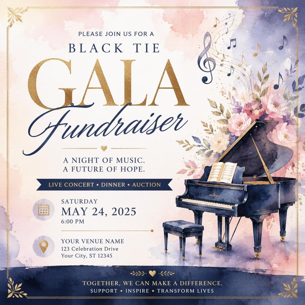 Watercolor gala fundraiser concert poster with black-tie feel, pastel festive accents, and sharp date and venue placeholder text.