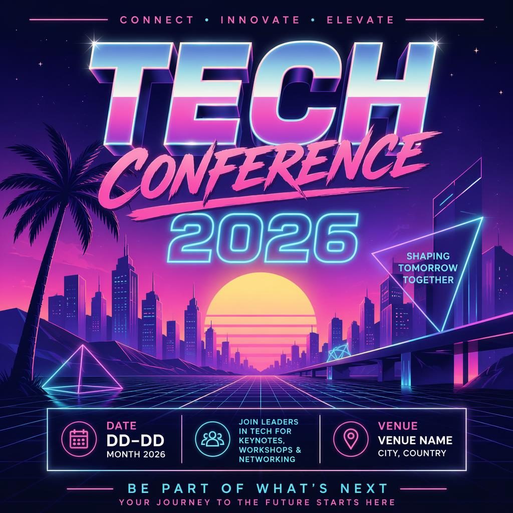 Affiche d’événement tech 2026 au style rétro néon des années 1980, palette pastel, texte de date et lieu lisible en anglais
