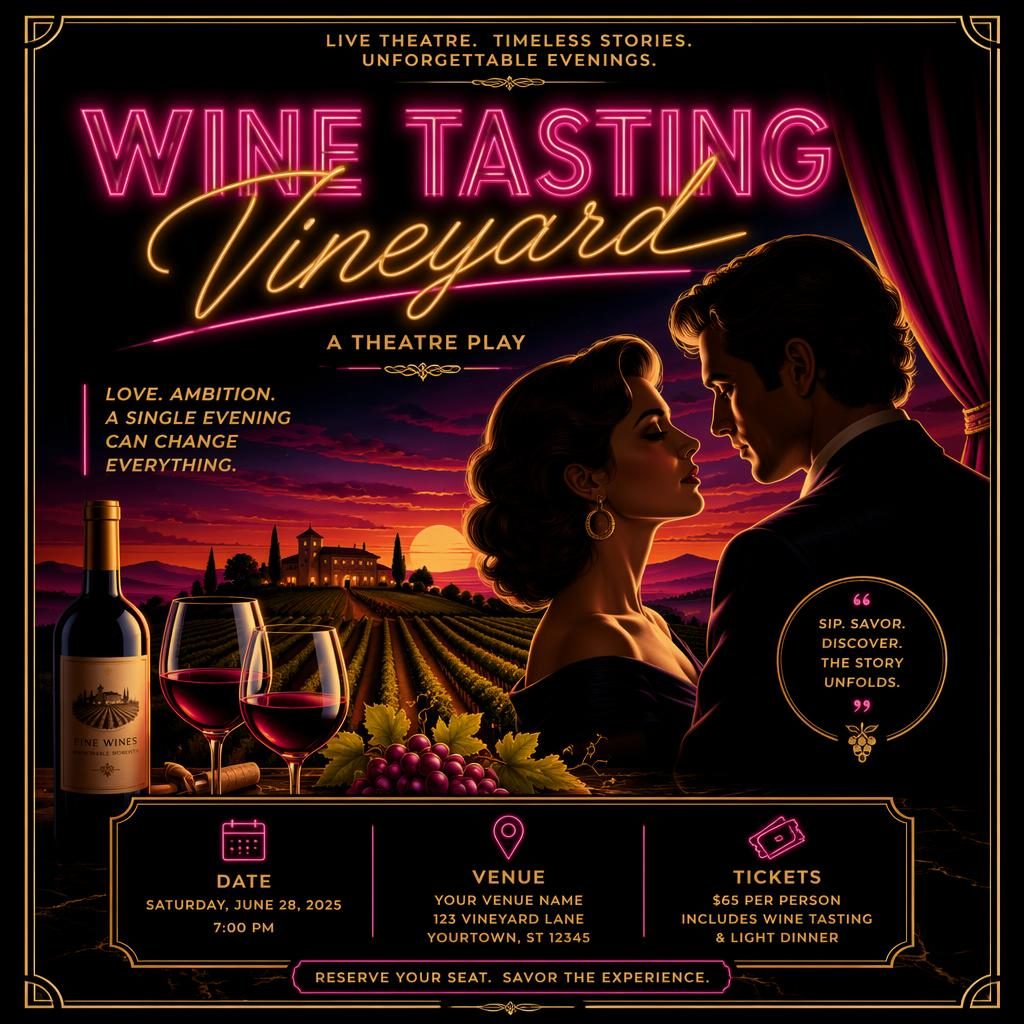 Retro 1980s neon event poster for a vineyard theatre play with black and gold tones, dreamy romantic mood, and sharp text placeholders.