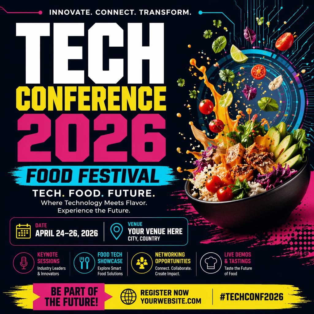 Bold event poster for Tech Conference 2026 with clean placeholder text, energetic typography, and a high-contrast palette.