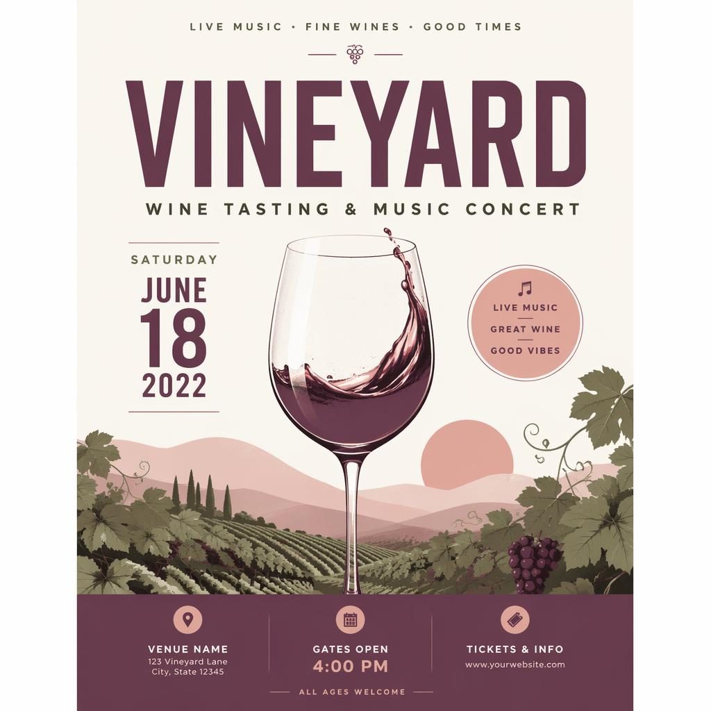 Minimalist Swiss-style event poster for a vineyard wine tasting music concert in soft pastel colors with clean placeholder text.