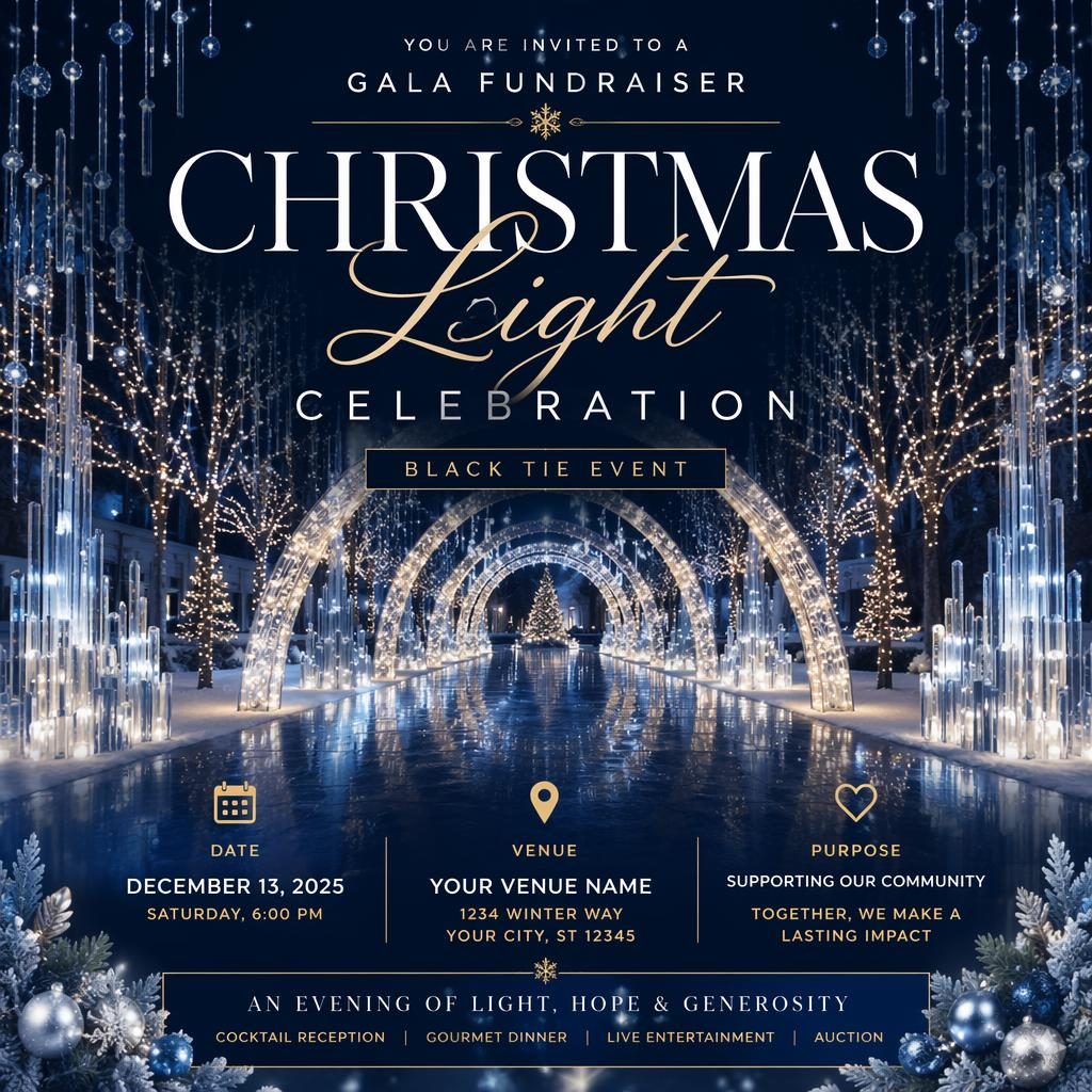 Modern editorial event poster for a black tie holiday gala fundraiser in icy winter tones with sharp placeholder text.