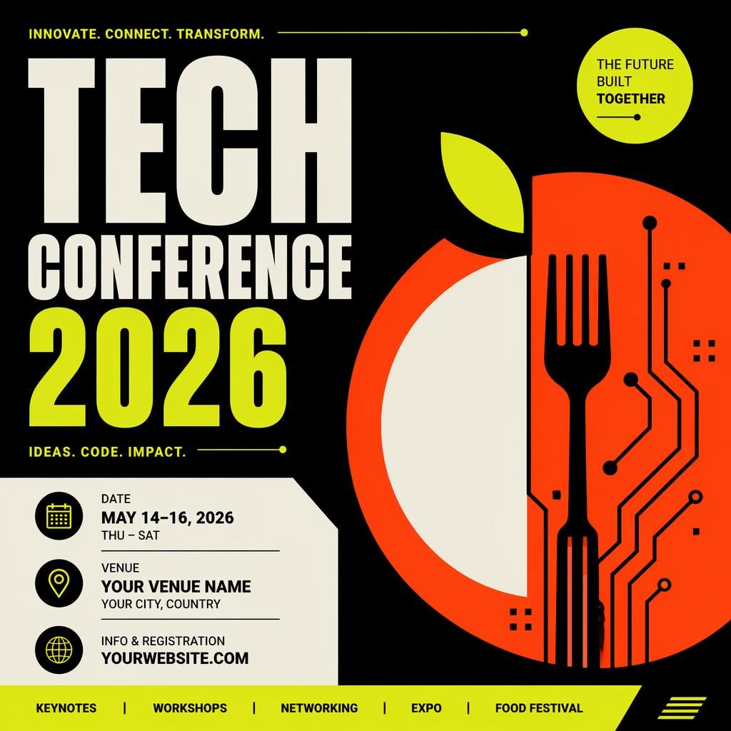 Minimalist Swiss-style event poster for Tech Conference 2026 with bold high-contrast colors and clean placeholder text.