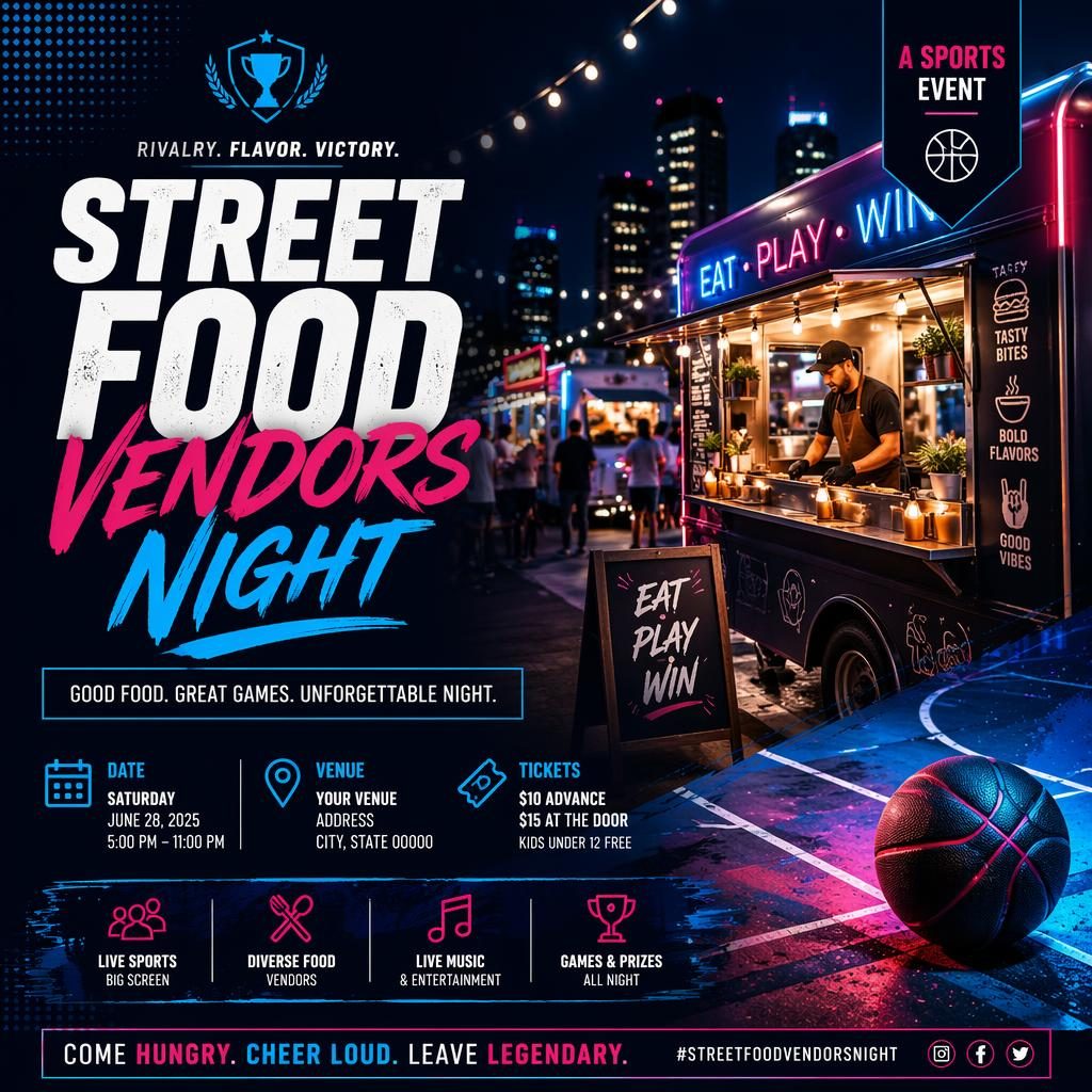 Modern editorial sports event poster featuring a night street food market, cool neon colors, and clean placeholder text for name, date, and venue.