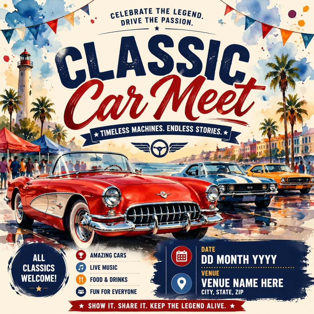 Watercolor event poster showing a classic car meet with festive wellness retreat styling, bold colors, and clean placeholder text.