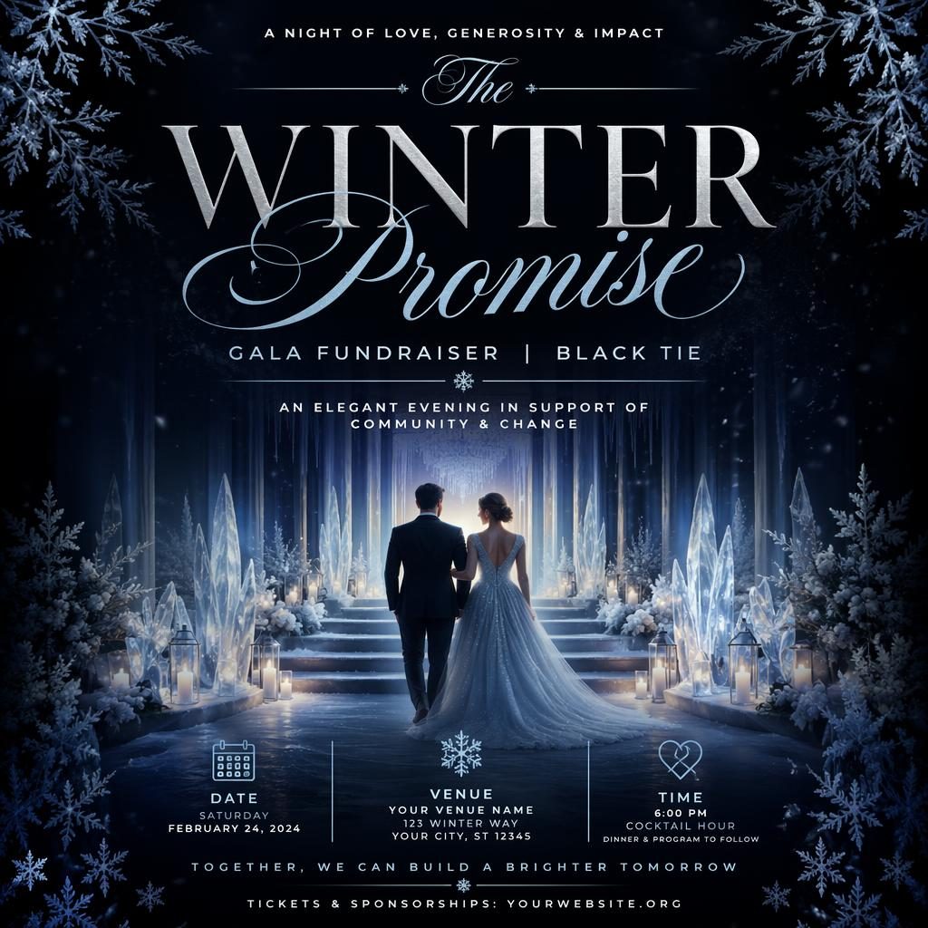 Modern editorial event poster for a winter black-tie wedding gala fundraiser with icy palette and sharp venue text.