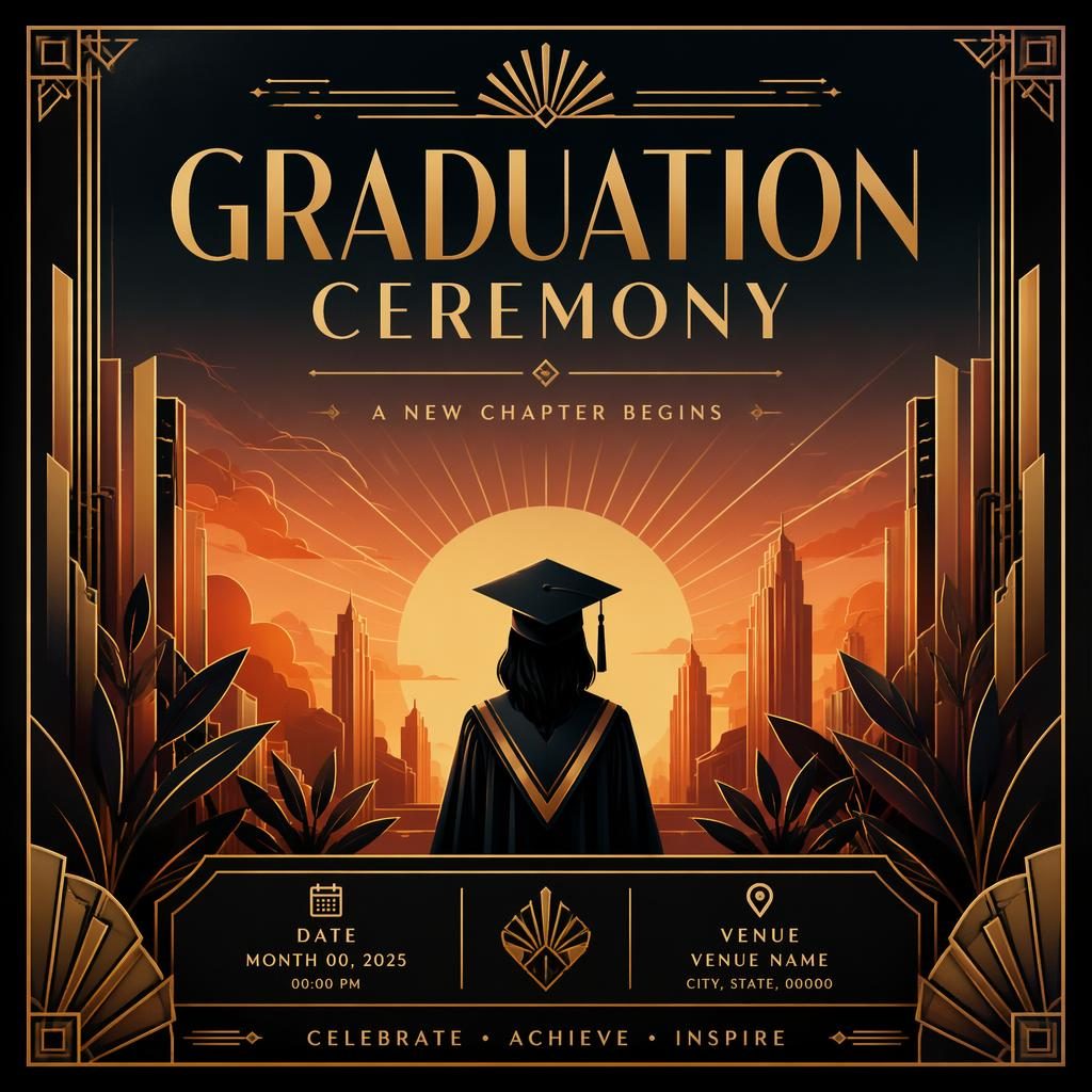 Art deco luxury event poster for a graduation ceremony with warm sunset tones, cozy intimate mood, and sharp placeholder text.