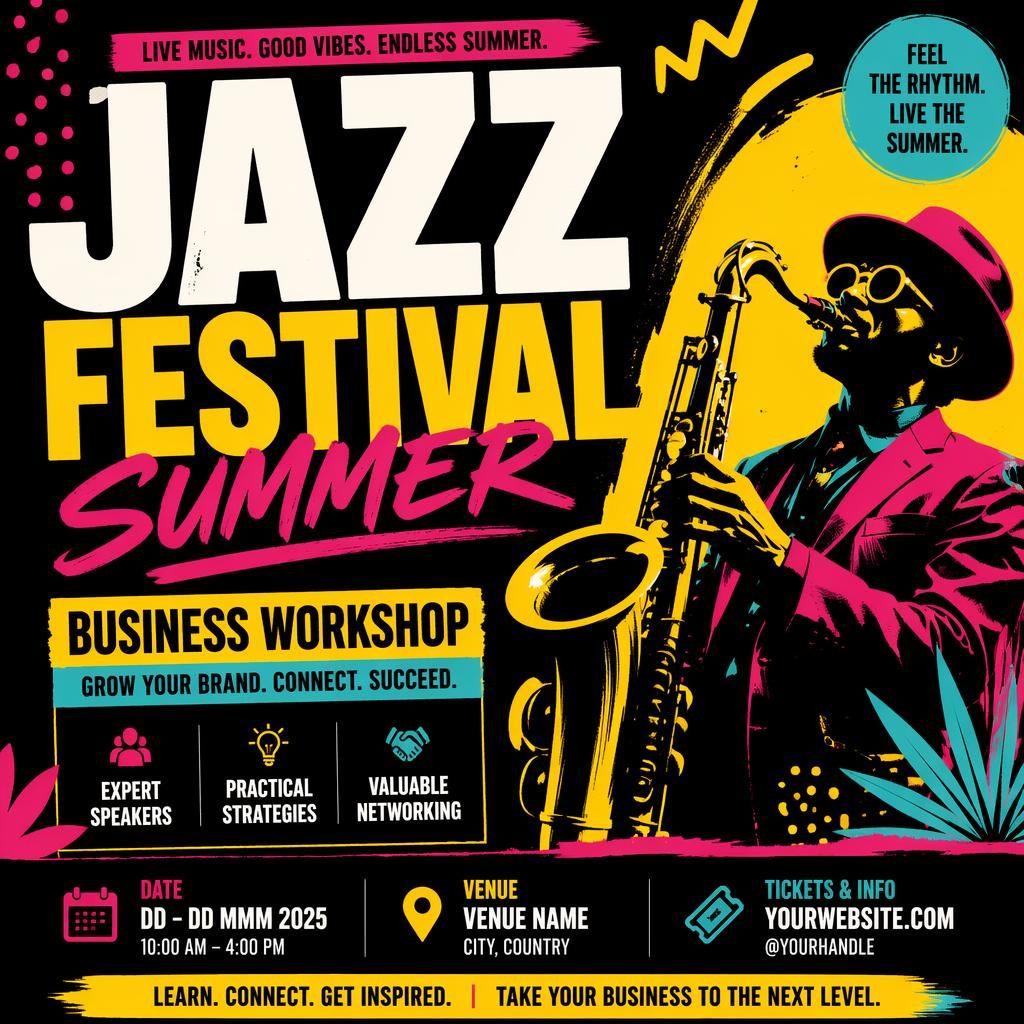 Bold event poster for a jazz festival summer business workshop with energetic typography, high-contrast colors, and readable date and venue placeholders.