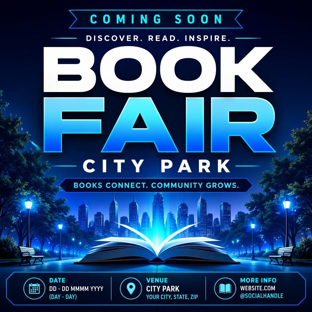 Bold event poster for a city park book fair with neon cool palette, sharp placeholder text, and strong typography layout.