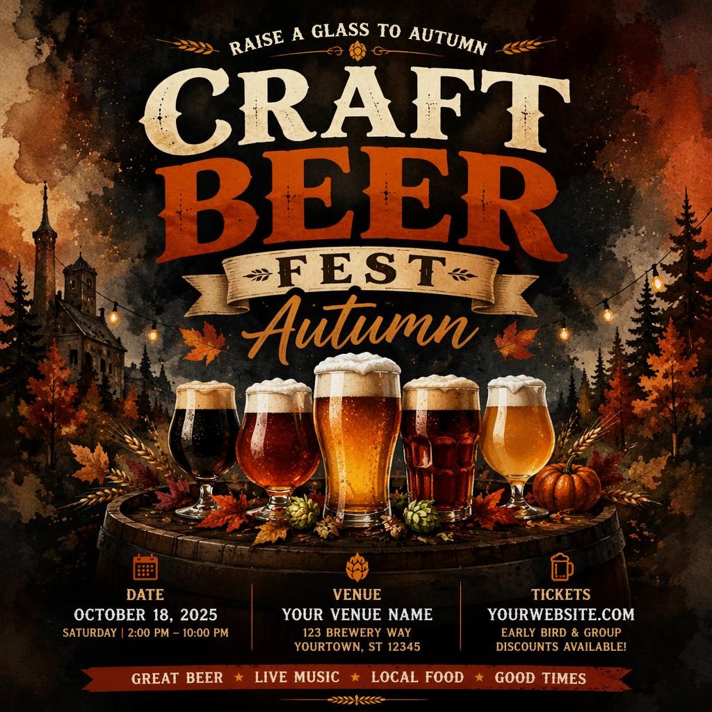 Watercolor event poster for an autumn craft beer fest with dark festive mood, rust tones, and clean placeholder text.