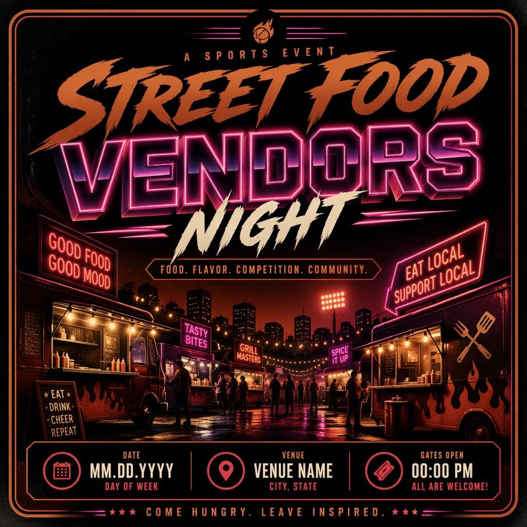 Retro 1980s neon event poster for a street food vendors night sports event with autumn rust tones and clean placeholders.