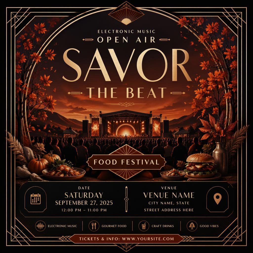 Art deco luxury event poster for an electronic music open air food festival in dark autumn rust tones with sharp text placeholders.