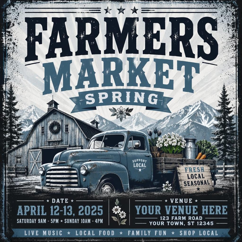 Grunge-style spring farmers market holiday poster with icy winter palette and sharp placeholder text for event name, date, and venue.