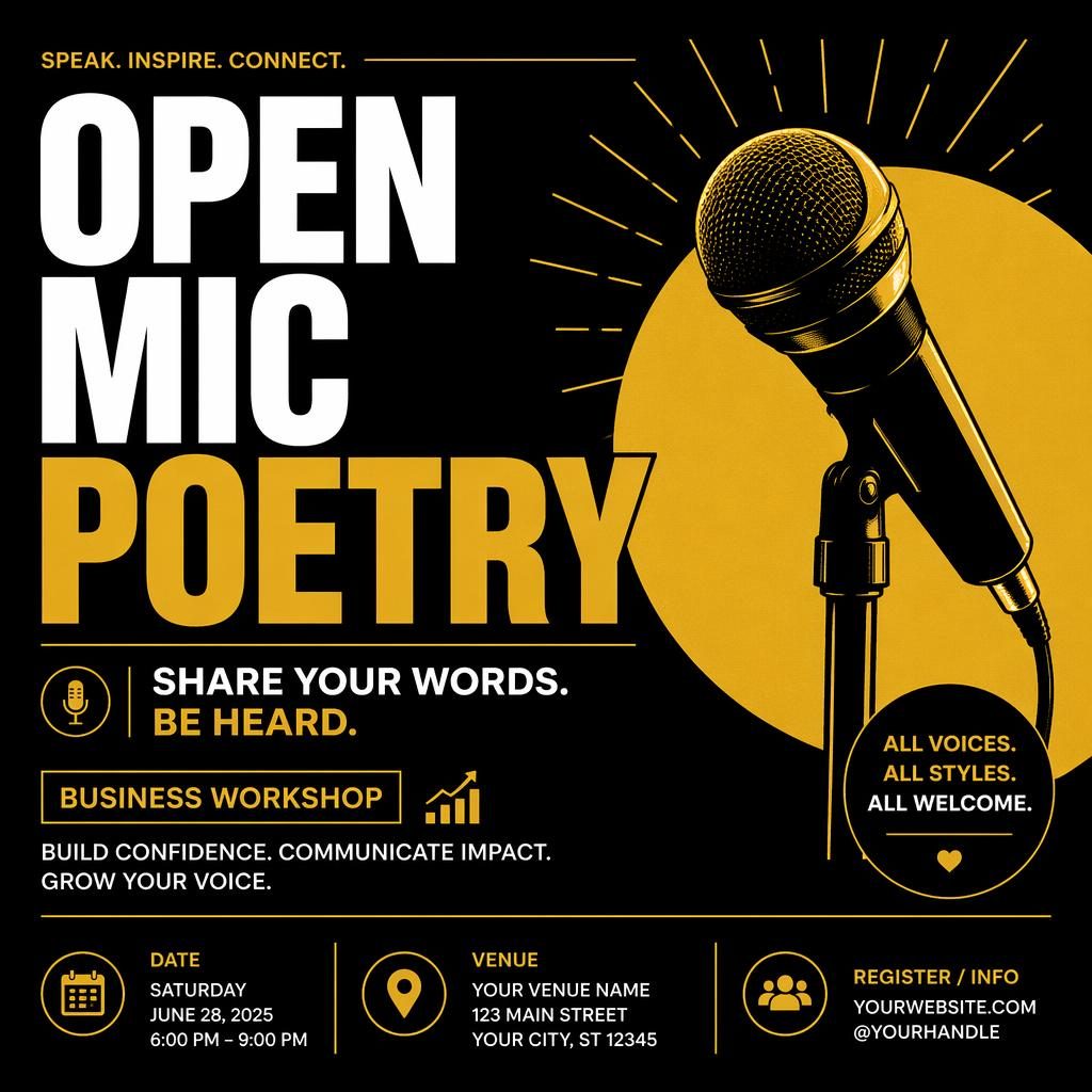 Minimalist Swiss-style event poster for open mic poetry in black and gold, with bold typography and clean date and venue placeholders.