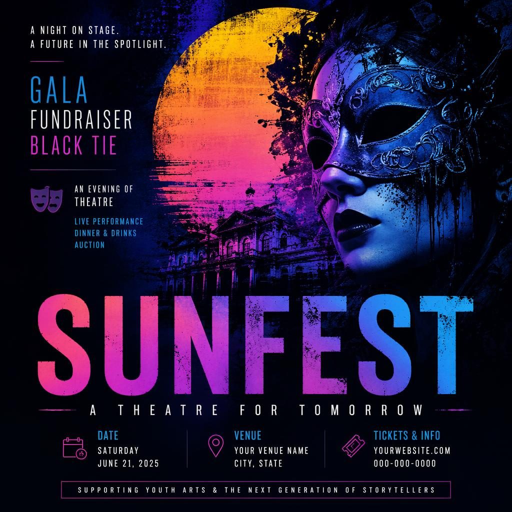 Grunge-style theatre gala fundraiser poster with black tie formal mood, cool neon palette, and sharp event text placeholders.