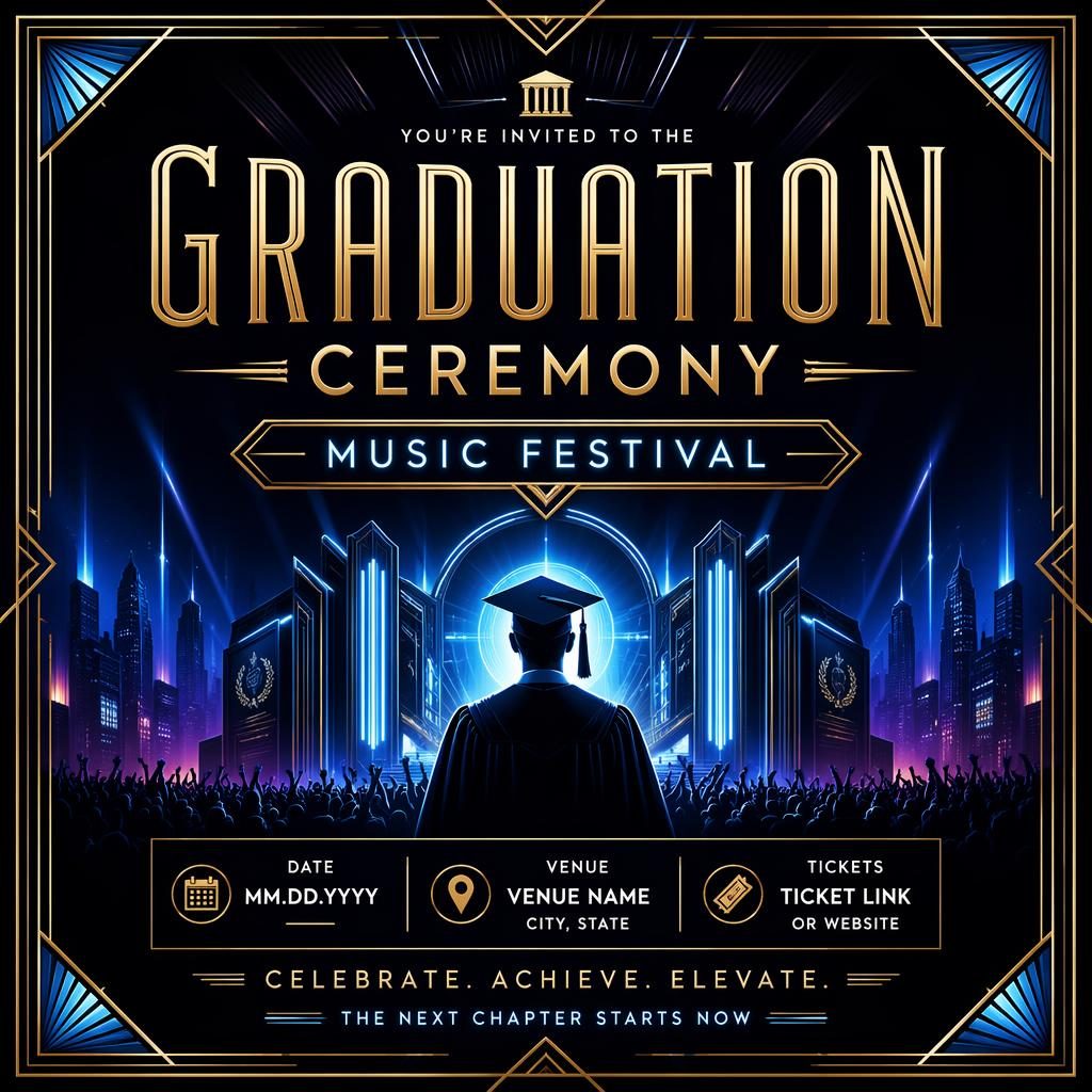 Art deco luxury event poster for a graduation ceremony music festival in a cool neon palette with sharp date and venue placeholder text.