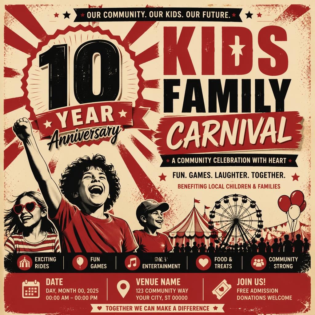 Modern editorial event poster for a kids family carnival in cream and red, with bold typography and clean date and venue placeholders.