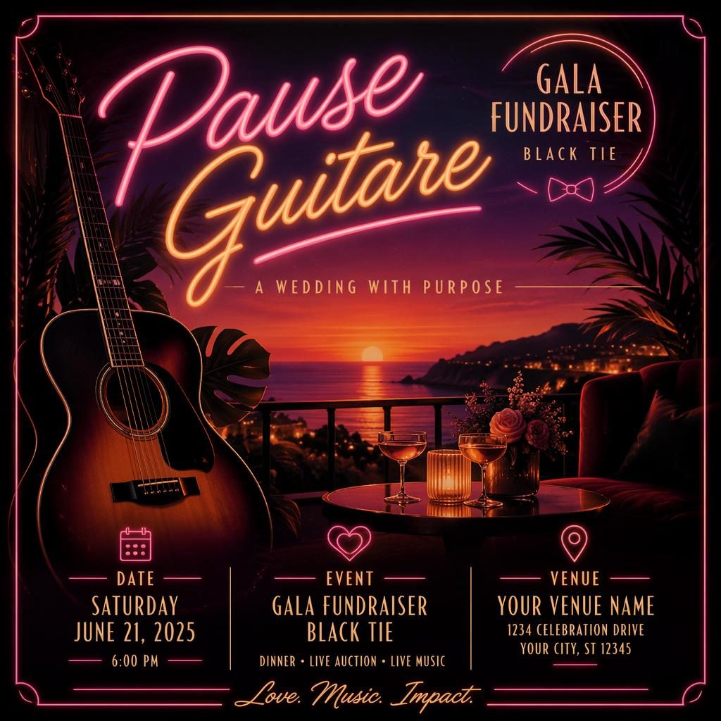 Affiche d’événement style années 1980 néon, gala black tie de mariage, ambiance intime, palette coucher de soleil.
