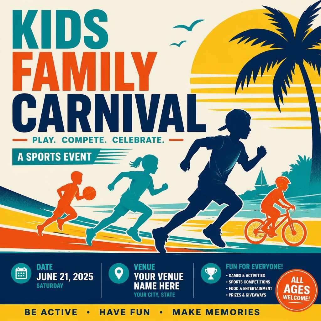 Minimalist Swiss-style sports event poster for a kids family carnival with bold high-contrast colors and clean placeholder text.