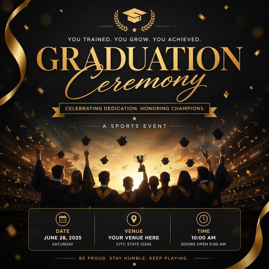 Modern editorial event poster for a graduation sports ceremony in black and gold with dreamy romantic styling and clear placeholders.