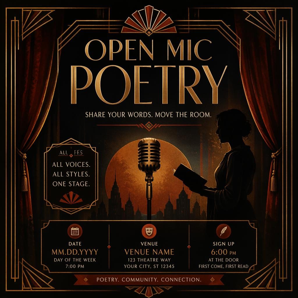 Art deco luxury event poster for open mic poetry with dark mysterious mood, autumn rust palette, and sharp placeholder text.