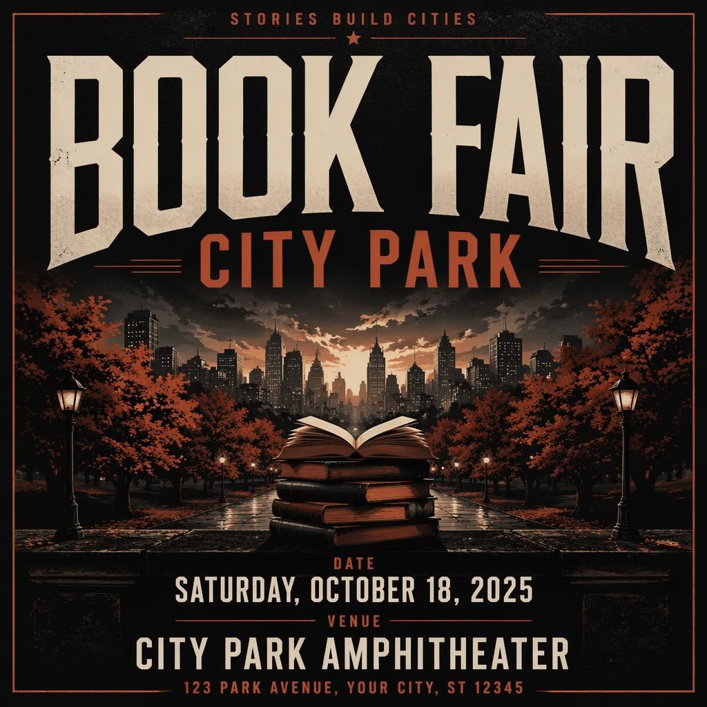 Dark autumn event poster for a city park book fair with bold typography, rust tones, and clean date and venue placeholders.