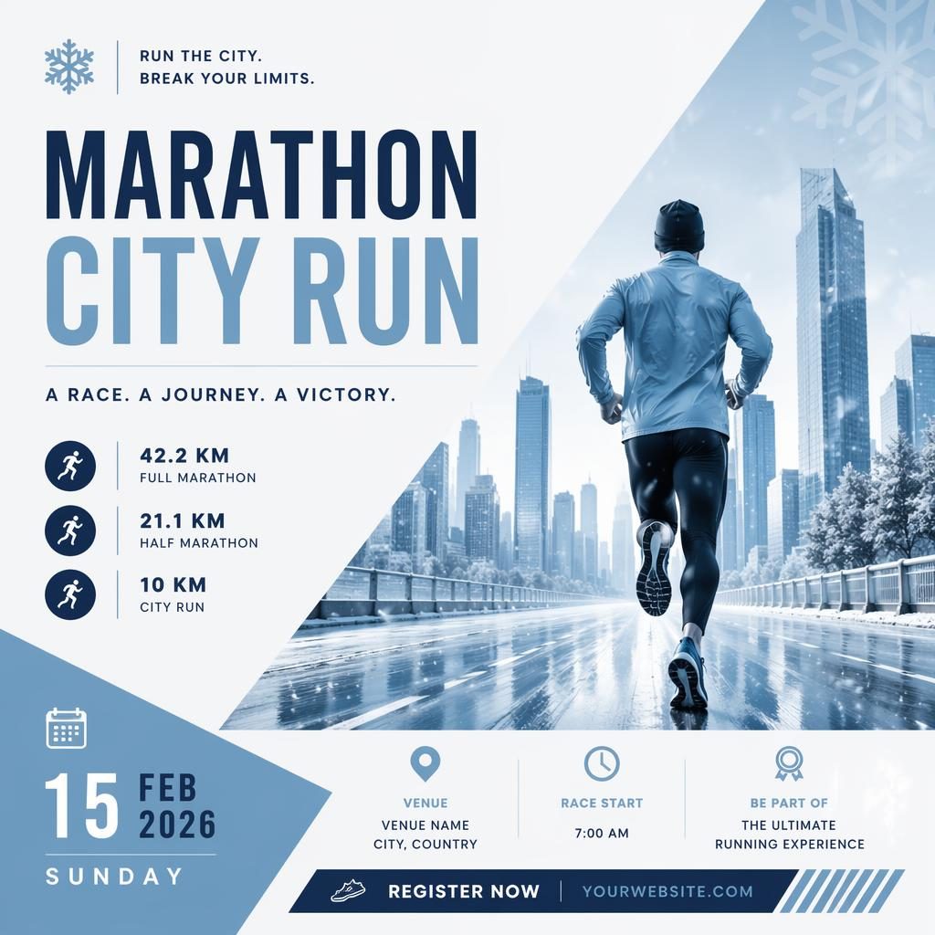Minimalist Swiss-style winter event poster for a marathon city run with festive ice-blue palette and clean English placeholder text.