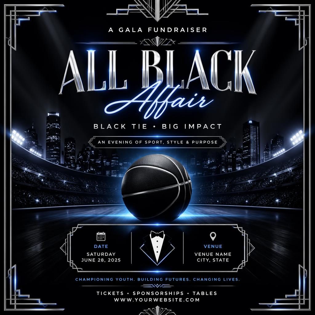 Art deco luxury event poster for a black-tie sports gala fundraiser in a cool neon palette with sharp placeholder text.