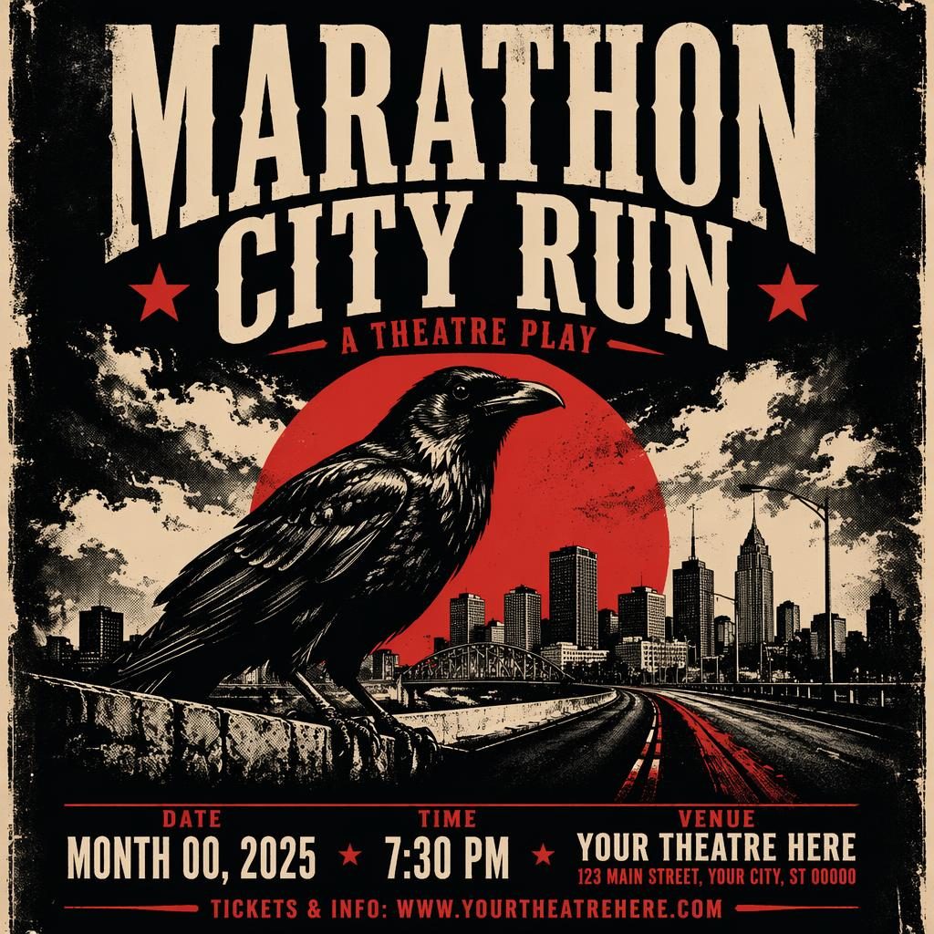 Grunge-style event poster for Marathon City Run theatre play with bold colors and clean date, venue, and title placeholders.