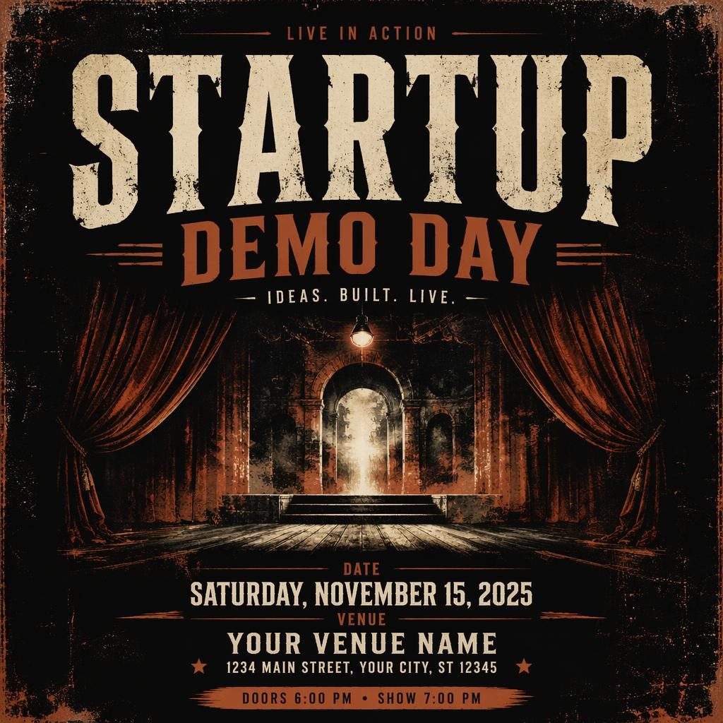 Grunge-style event poster for startup demo day with a dark mysterious mood, autumn rust tones, and clean readable placeholder text.
