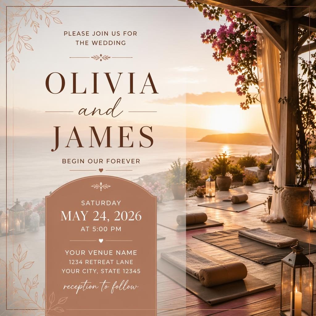 Photographic wedding event poster with a couple at sunrise yoga retreat, warm sunset tones, cozy overlay, and clean placeholder text.