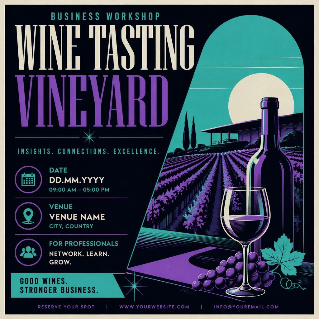 Affiche d’événement vintage années 1960 pour un atelier pro de dégustation de vin dans un vignoble, palette néon froide.
