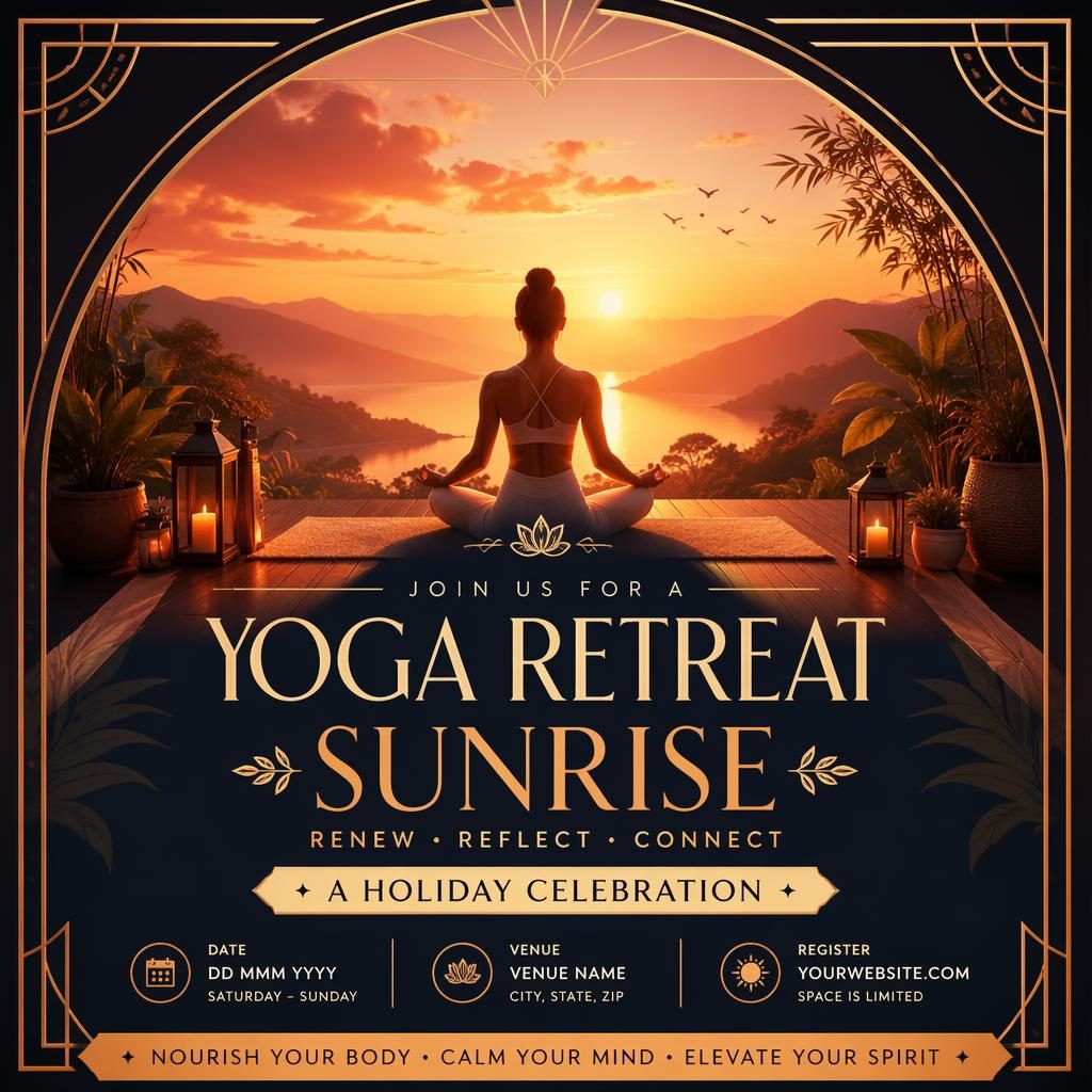 Art deco luxury event poster for a yoga retreat at sunrise with warm sunset tones and clean placeholder text for name, date, and venue.
