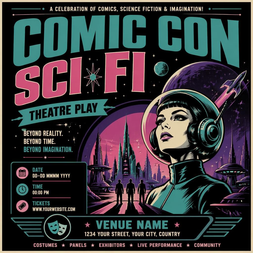 Affiche de théâtre sci-fi comic con, style poster vintage des années 1960, palette néon froide et typographie nette.