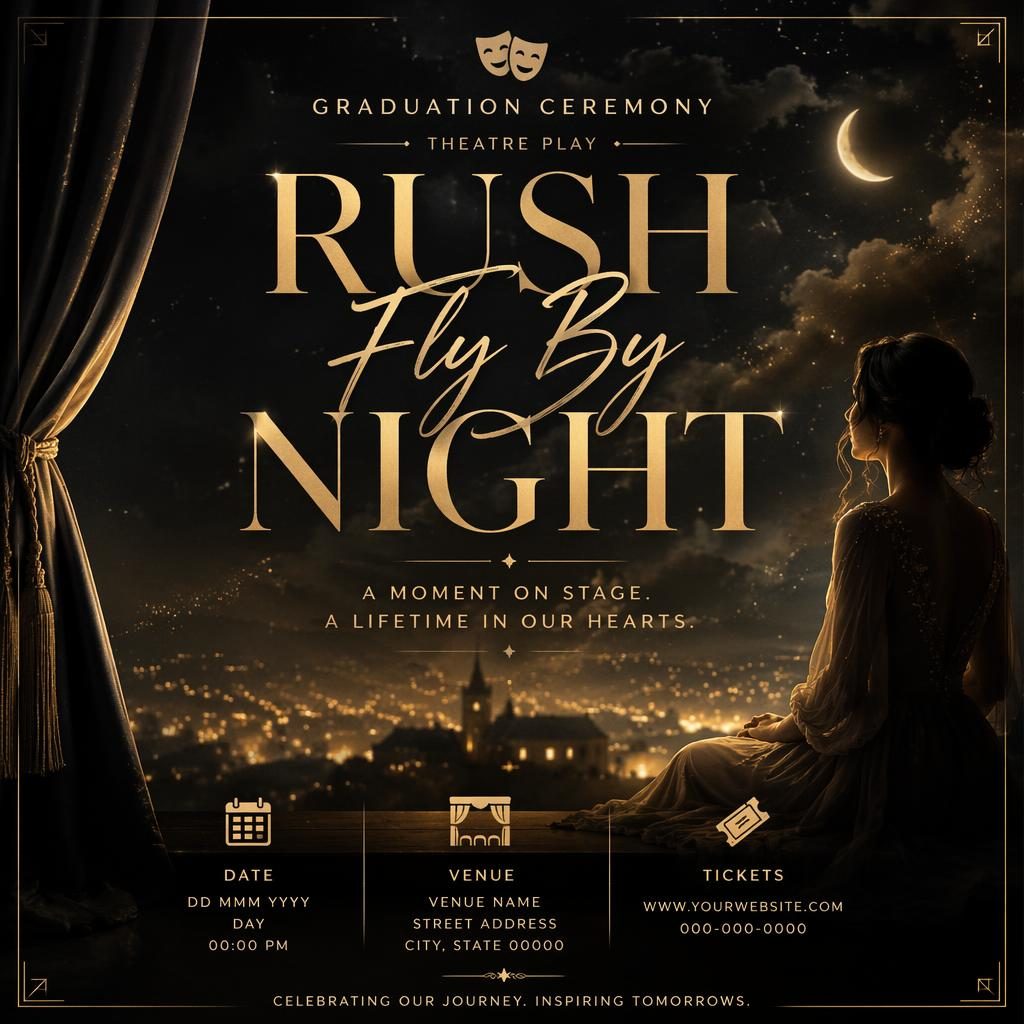 Modern editorial graduation theatre poster in black and gold with dreamy romantic styling and sharp event text placeholders.
