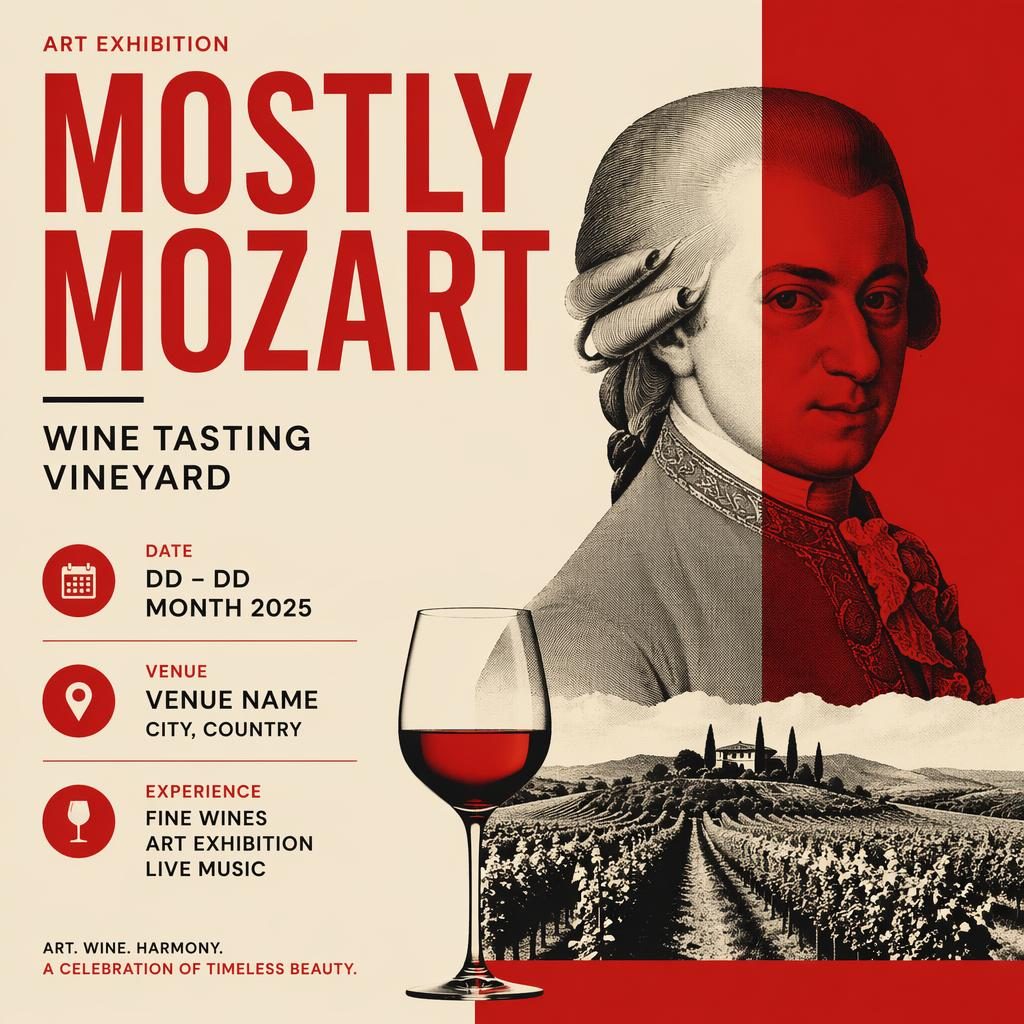 Minimalist Swiss-style event poster for a vineyard wine tasting art exhibition in vintage cream and red with bold typography.