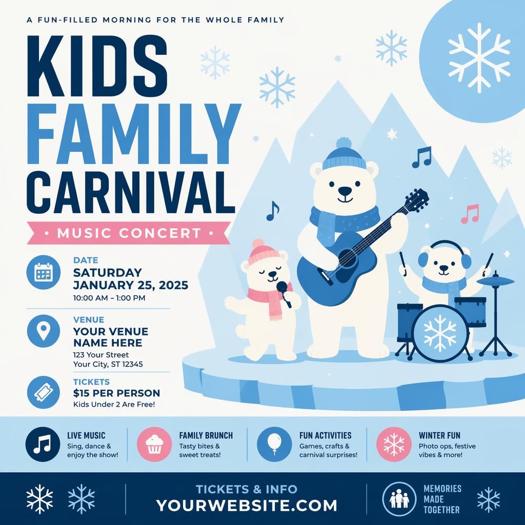 Minimalist Swiss-style winter event poster for a kids family carnival music concert with icy colors and clean placeholder text.