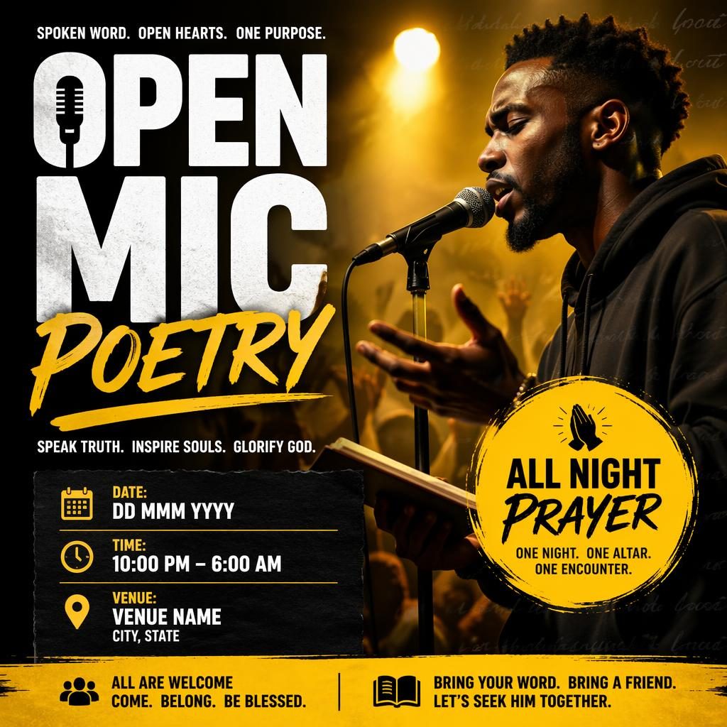Photographic event poster for open mic poetry with energetic sports-inspired overlay, bold high-contrast colors, and clean placeholder text.
