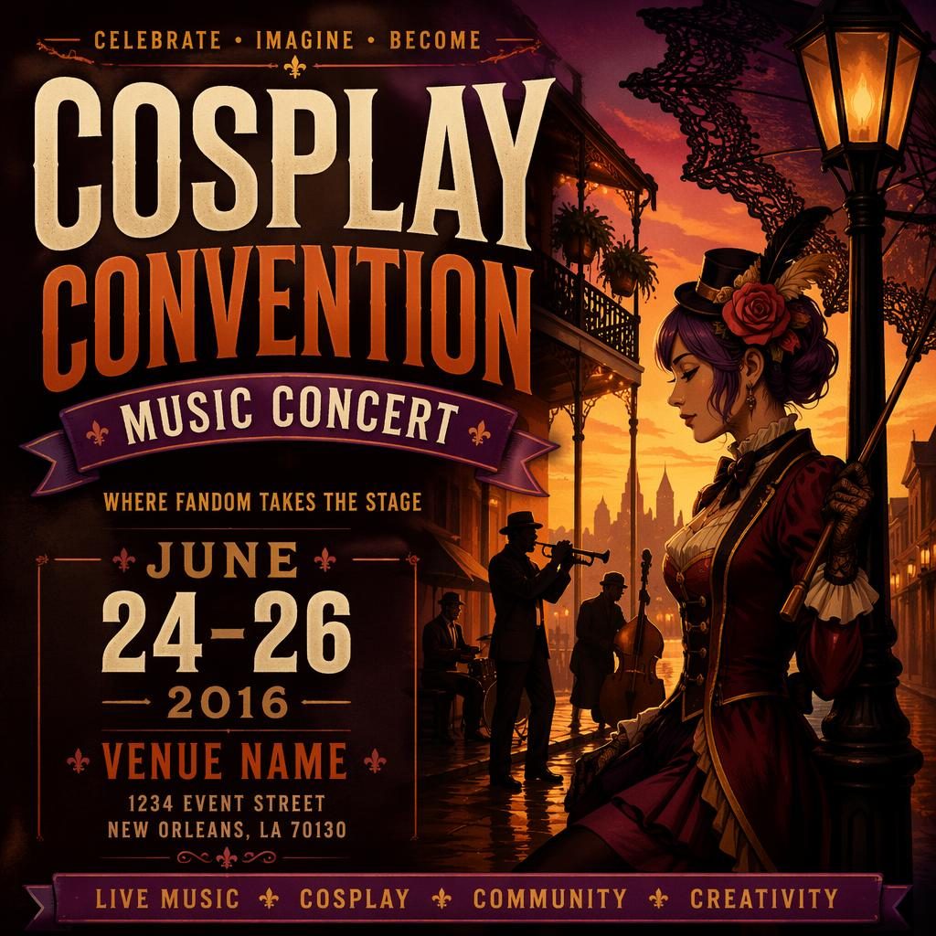 Bold event poster for a cosplay convention music concert with warm sunset colors, cozy mood, and sharp placeholder text.